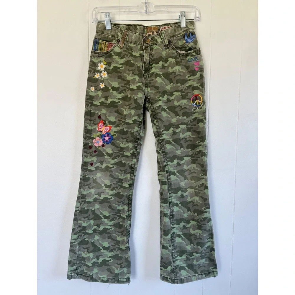 The Children's Place Girls Camo Embroidered Peace‎ Flower Pants Size 12 Green